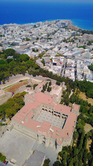 August 2017: Aerial drone photo of iconic palace of Grand Master in medieval old town of Rodos island, Aegean, Dodecanese, Greece