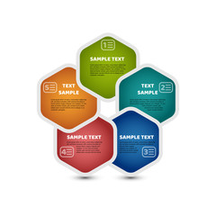 Circle infographic template with 5 steps. Corolful hexagons with sample text. For presentation and design concept. Vector illustration.