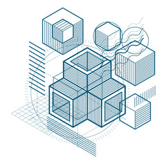 Abstract 3d shapes composition, vector isometric background. Composition of cubes, hexagons, squares, rectangles and different abstract elements.