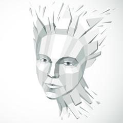 Vector dimensional low poly female portrait, graphic monochrome illustration of human head broken into fragments. 3d demolished object created with fractures and different particles.