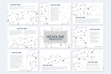 Big set of vector templates for presentation slides. Modern graphic background structure molecule and communication. Scientific pattern atom DNA. Medical, science, chemistry design.
