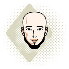 Vector illustration of handsome bald male face with beard, positive face features, clipart.
