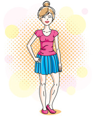 Beautiful blonde woman adult standing on colorful background with bubbles and wearing casual clothes. Vector attractive female illustration. Lifestyle theme cartoon.