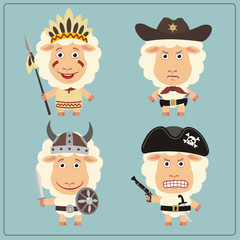 Set isolated sheep in cartoon style for design children holiday and birthday. Funny sheep in costume of viking, american indian, cowboy and pirate.