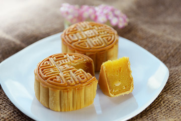 Durian mixed with lotus seeds custard inside moon cake during mid autumn festival.