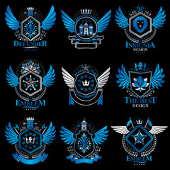 Collection of vector heraldic decorative coat of arms isolated on white and created using vintage design elements, monarch crowns, pentagonal stars, armory, wild animals.