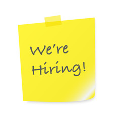 Sticky note with text we're hiring for HR recruitment (talent acquisition) process