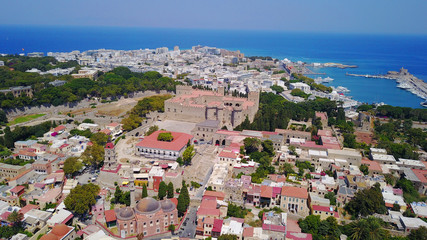 Fototapeta premium August 2017: Aerial drone photo of iconic palace of Grand Master in medieval old town of Rodos island, Aegean, Dodecanese, Greece