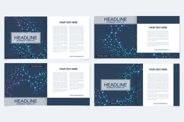 Templates for square brochure. Leaflet cover presentation. Business, science, technology design book layout. Scientific molecule background