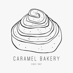 Sweet roll bun. Hand drawn bakery logo. Ink vector pastry outlined illustration on the white background