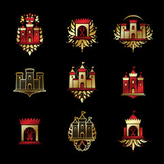Ancient Fortresses emblems set. Heraldic Coat of Arms, vintage vector logos collection.
