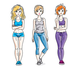 Happy pretty young women standing in stylish sportswear. Vector diversity people illustrations set. Lifestyle theme fem characters.