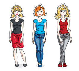 Happy young adult girls group standing wearing casual clothes. Vector people illustrations set.
