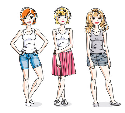 Happy young women posing wearing fashionable casual clothes. Vector people illustrations set.