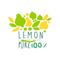 Lemon 100 percent logo template original design, colorful hand drawn vector Illustration
