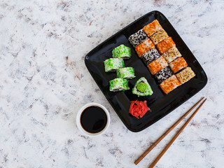 Sushi roll on white background. Top view