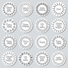 Christmas New Year gift round stickers. Labels and badges xmas set. Hand drawn decorative element. Holiday christmas stickers. Texture. Vector illustration. Lettering, calligraphy. Christmas phrase.