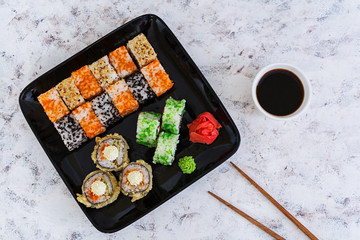 Sushi roll on white background. Top view