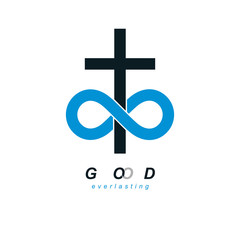 Obraz premium Everlasting God vector creative symbol design combined with infinity endless loop and Christian Cross, vector logo or sign.