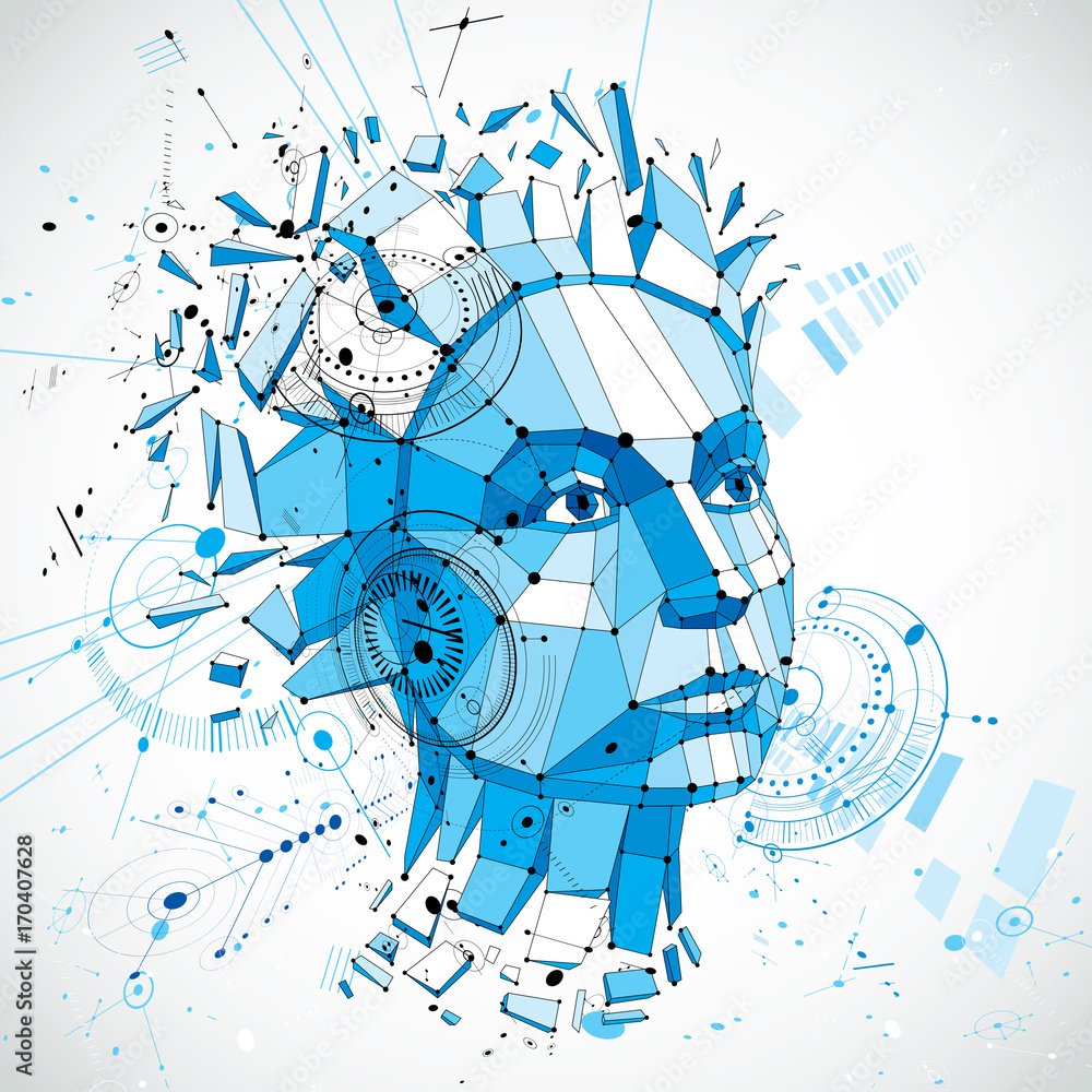 Poster artificial intelligence head, low poly style 3d vector wireframe object broken into different partic