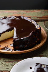 Tasty homemade cheesecake with chocolate icing