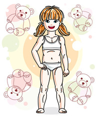 Cute little redhead girl in underwear standing on teddy bears background. Vector human illustration.