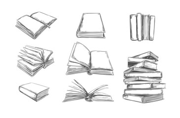 Books vector collection. Pile of books. Hand drawn illustration in sketch style. Library, Books shop