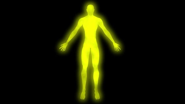 Glowing man raising arms. Internal smoke effect in body silhouette. 3d animation