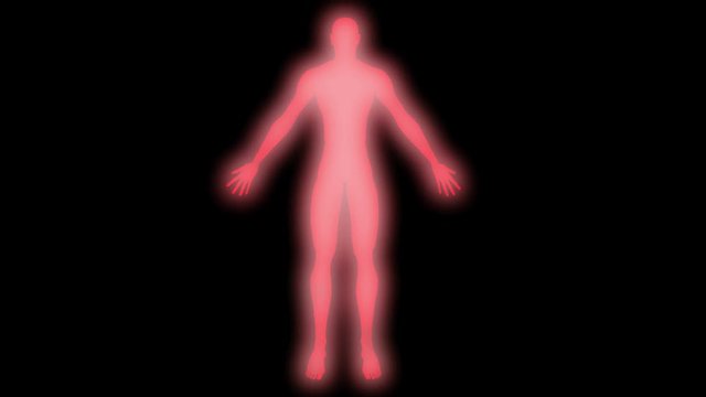 Glowing man raising arms. Bright glare around and inside body silhouette. 3d animation