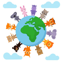 Cute and funny baby animals walking around Earth globe vector illustration