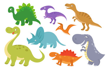 Schattige cartoon dinosaurussen vector illustraties. Grappige dino-chatacters voor babycollectie
