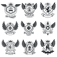 Fototapeta premium Vintage emblems, vector heraldic designs. Coat of Arms collection, vector set.