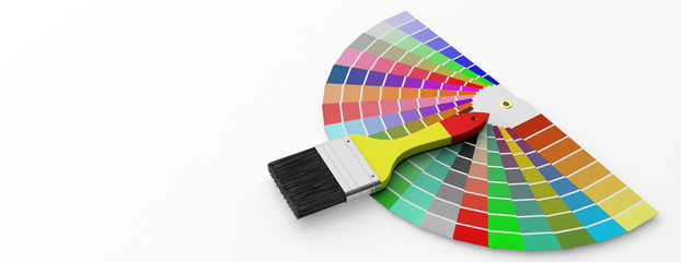 Colors catalogue and paint brush on white background. 3d illustration