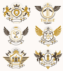 Set of vector vintage emblems created with decorative elements like crowns, stars, bird wings, armory and animals.  Collection of heraldic coat of arms.