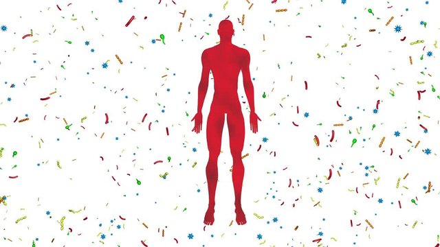 Microbiome bacteria, viruses, microbes surrounding  man, male body. 3d animation. White background, full screen bacteria spread
