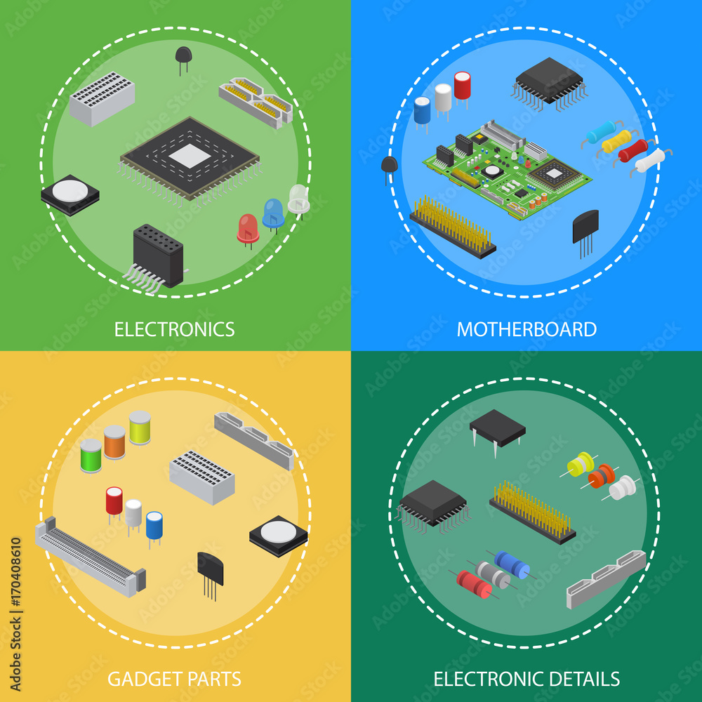 Poster computer electronic circuit board component poster card set isometric view. vector