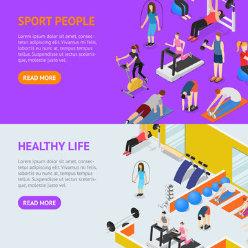 Sport People in Gym Healthy Life Concept Banner Horizontal Set Isometric View. Vector