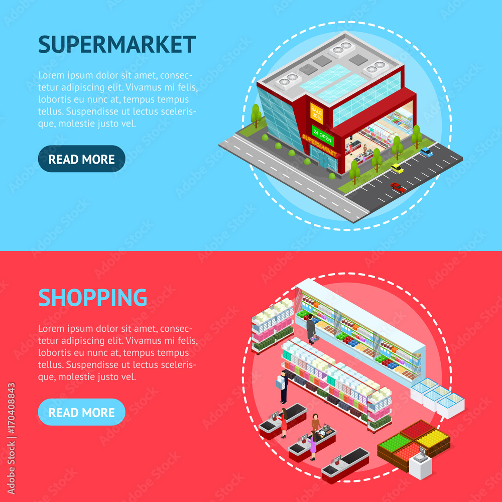 Poster supermarket building and element banner horizontal set isometric view. vector