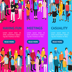 People Set Man and Woman Banner Vecrtical Set Isometric View. Vector