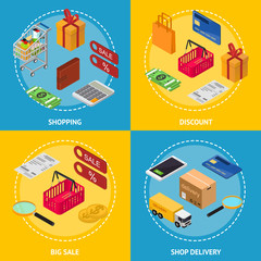 Shopping Concept Big Sale, Discount, and Shop Delivery Poster Card Set Isometric View. Vector