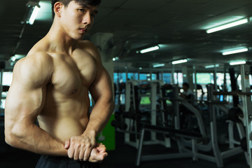 Fitness man showing muscular body in gym