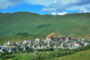 View of the Ganden Sumtseling Temple from the top of the hill. Zhongdian, Yunnan province, China.