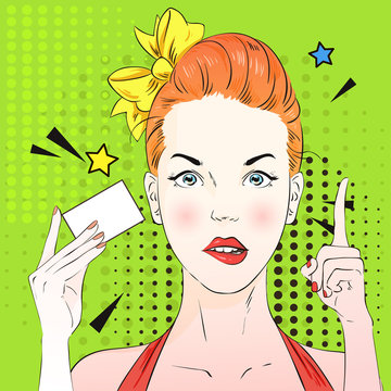 Pop art surprised woman face with a finger raised and holds visitcard. Vector illustration.