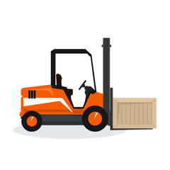 Orange Forklift Truck Isolated on White Background, Vehicle Forklift Picks up a Box, Vector Illustration