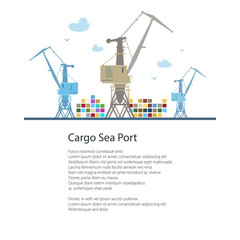 Cargo Cranes and Containers at the Seaport and Text, International Freight Transportation, Poster Brochure Flyer Design, Vector Illustration