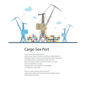 Cargo Cranes and Containers at the Seaport and Text, International Freight Transportation, Poster Brochure Flyer Design, Vector Illustration