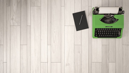 Desk for writer. workplace organization background. Top view with textured table, typewriter and notepad with pencil. White and green design.