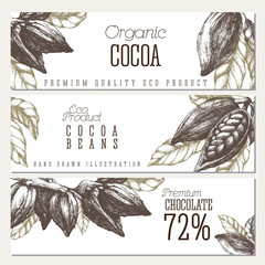 Chocolate horizontal banners set with open cocoa pods and branches. Vector template sketch style design. Isolated illustrations.