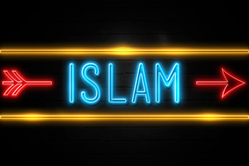 Islam  - fluorescent Neon Sign on brickwall Front view