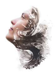 Paintography, hand drawn painting combined with the portrait of a brunette fair-skinned woman whose hair flows with the watery texture of ink